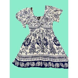 Angie Blue & White Floral Boho Dress Size M Short Sleeve Rayon